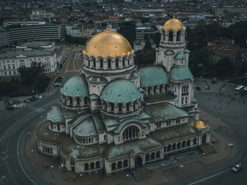 Scenic view of Alexander Nevsky Cathedral in Sofia, Bulgaria with blue skies