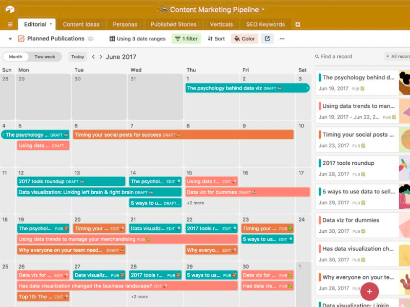 Airtable Kanban and calendar views used in free project management software for creative teams