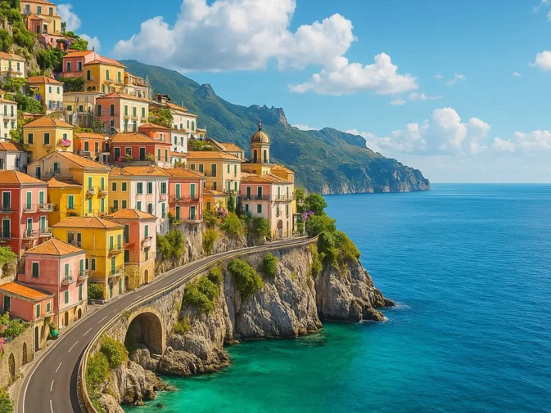 Cliffside village and coastline views on the Amalfi Coast, Italy, a romantic honeymoon destination for 2025.