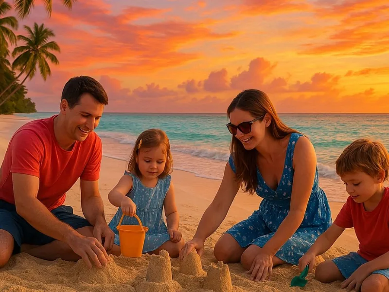 Family playing on a tropical beach in Bali Indonesia
