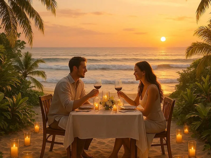 Couple enjoying a beachfront dinner in Bali, surrounded by lush greenery and ocean views.