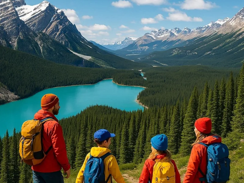 Family hiking in the mountains of Banff National Park Canada