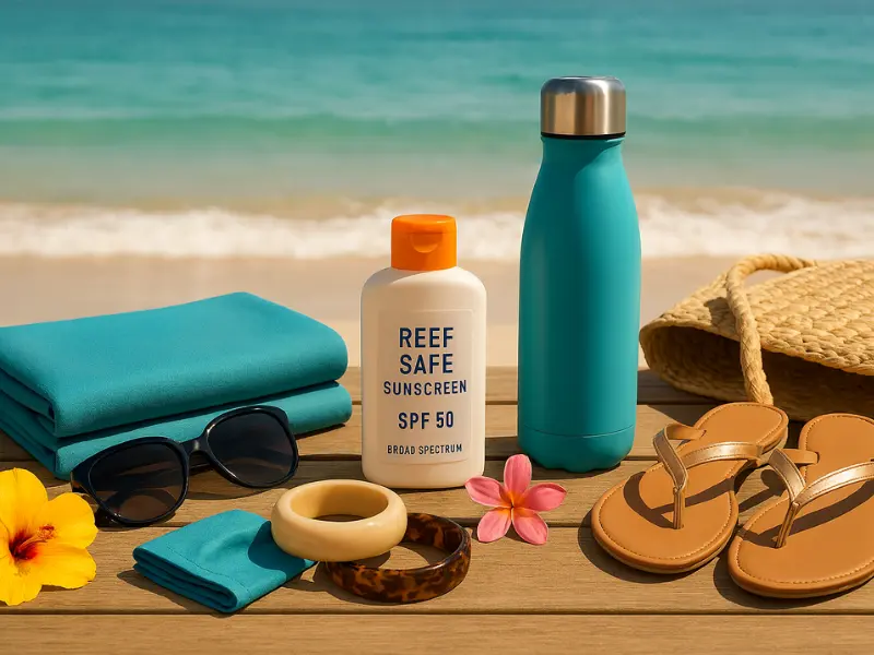Beach essentials including quick-dry towel, sunscreen, and reusable water bottle