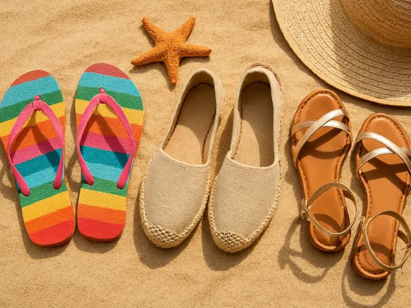 Beach footwear including flip-flops, espadrilles, and strappy sandals on sand
