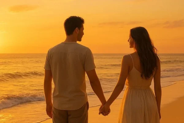 A romantic couple on a tropical beach at sunset, representing the best honeymoon destinations in 2025