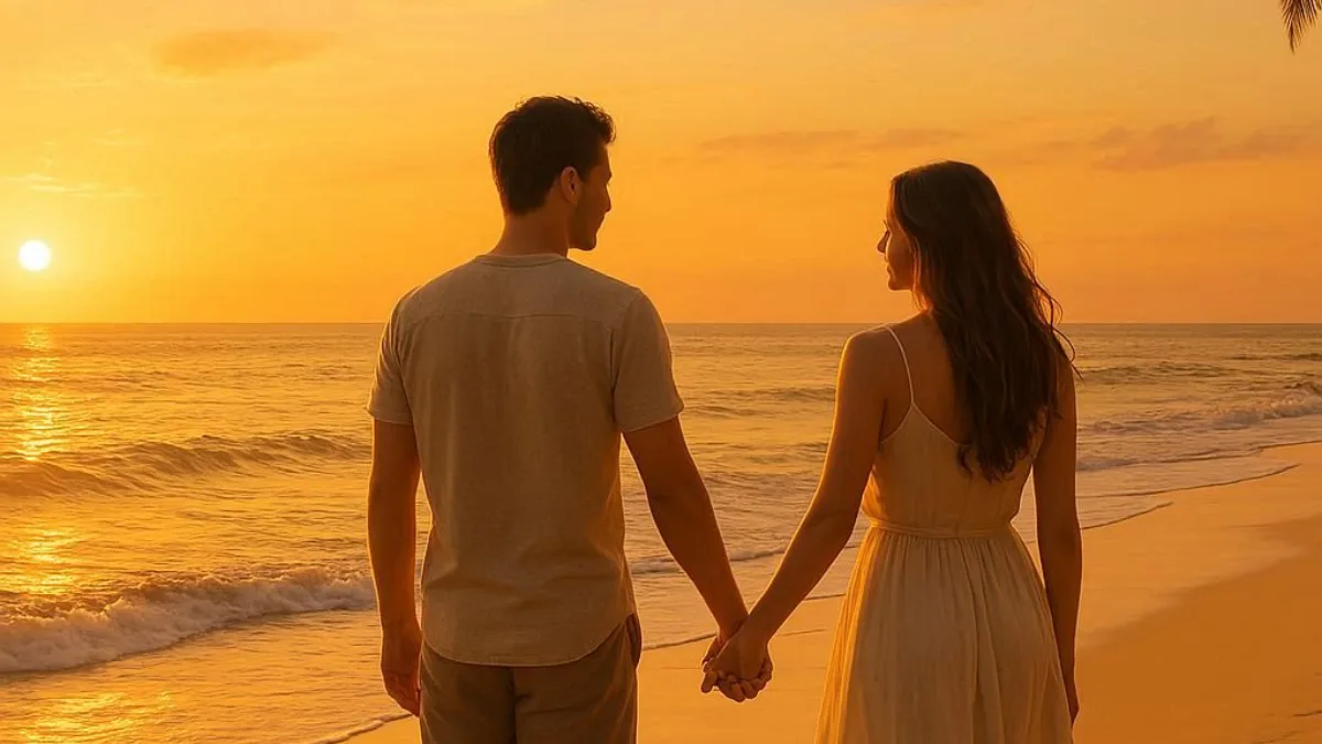 A romantic couple on a tropical beach at sunset, representing the best honeymoon destinations in 2025