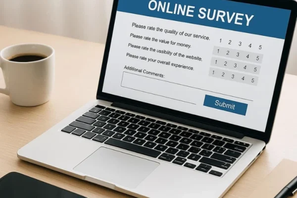 Best survey sites to make money in 2025 – laptop and coffee setup with survey forms on screen
