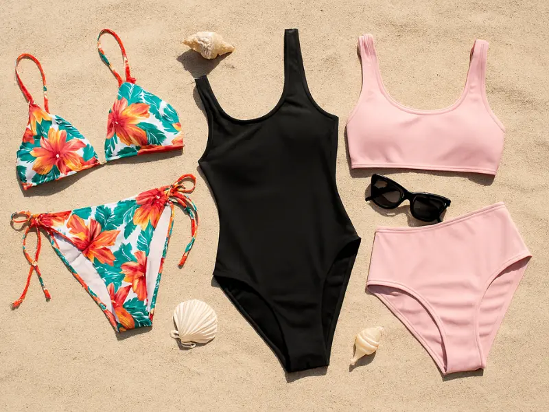 Trendy swimsuits for women including bikinis and one-piece designs on the beach