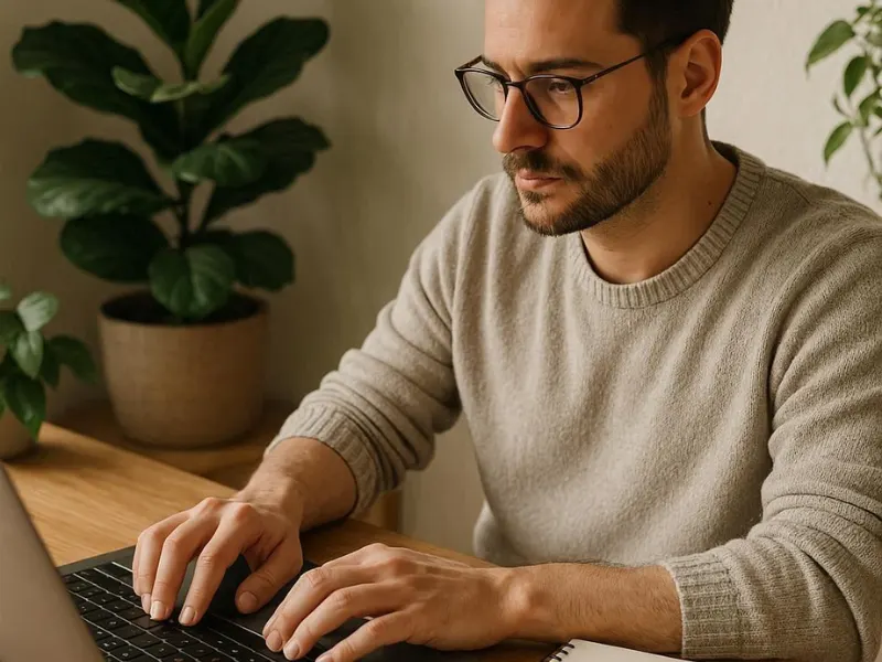 Blogger writing articles at home