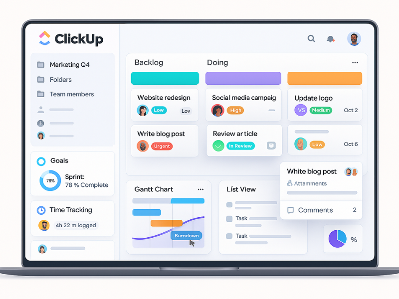 ClickUp interface showing flexible project management features for teams.