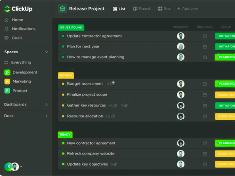 ClickUp dashboard with task lists and calendar view in free project management software