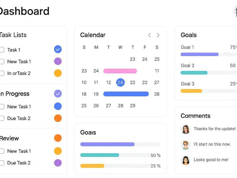 ClickUp dashboard with task lists, calendar, and goal tracking