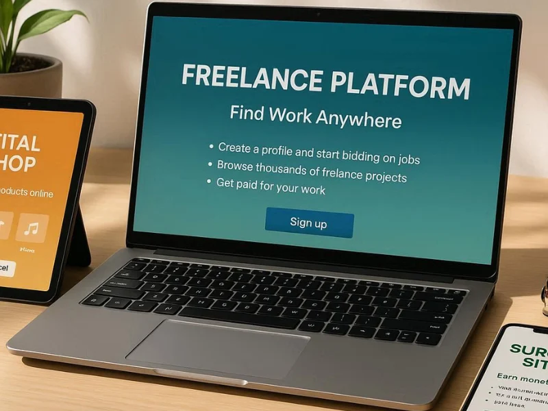 Digital entrepreneur managing multiple online income streams on different devices