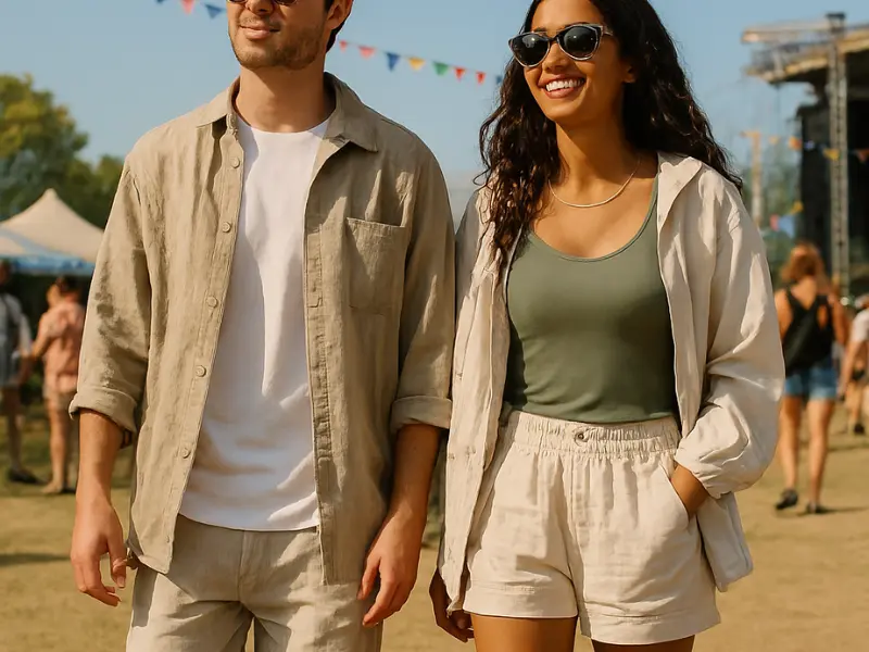 Festival-goer in breathable clothing and chunky sneakers, enjoying a sunny outdoor event.