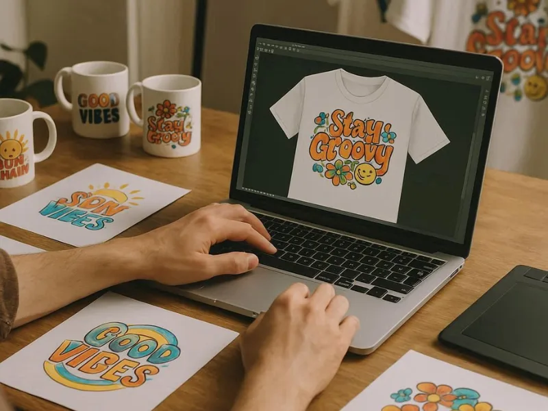 Artist creating designs for print-on-demand products on a laptop