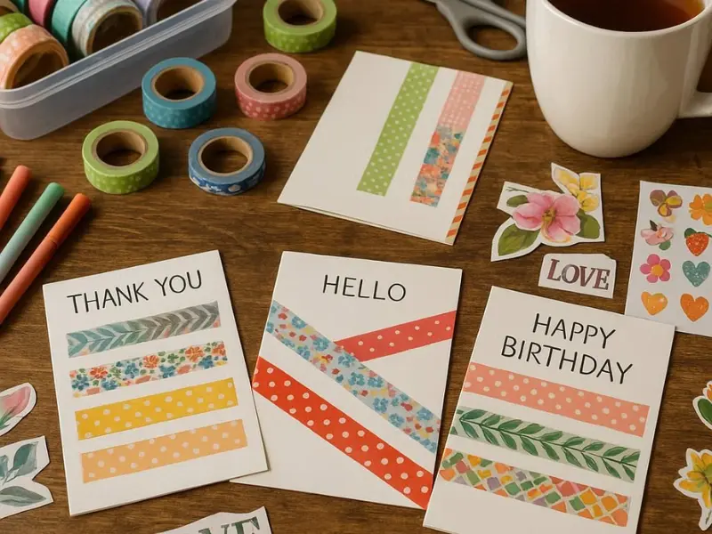 Homemade greeting cards decorated with washi tape, markers, and stickers on a desk.