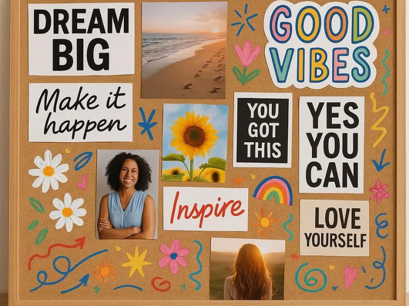 A vision board covered with magazine cutouts, quotes, and photos for inspiration