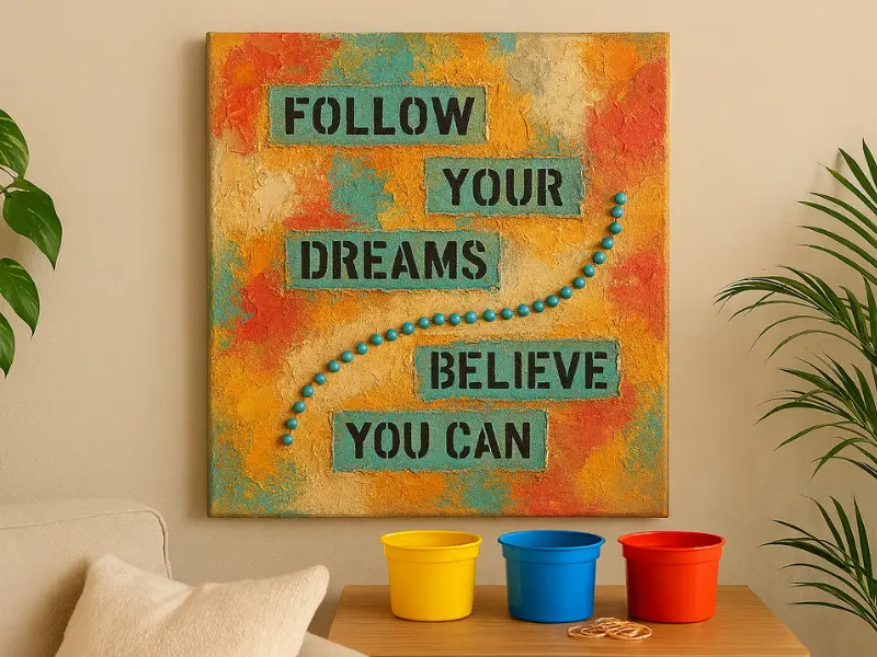 Handmade wall art on canvas with abstract paint and decorative beads.