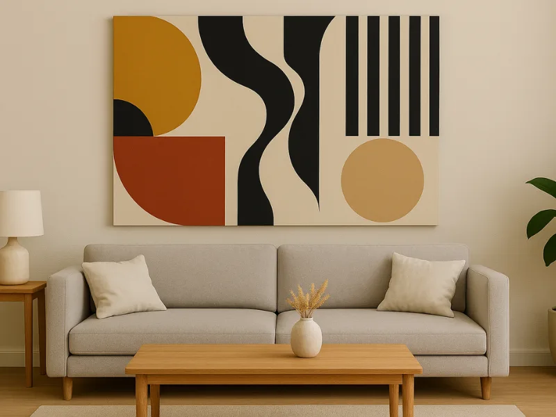 DIY abstract wall art canvas with bold colors hanging in a living room