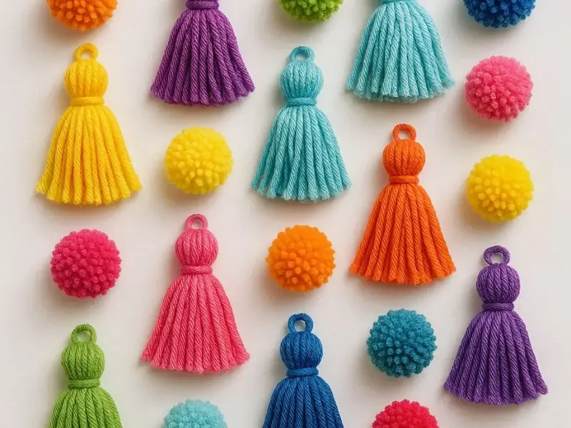 Handmade yarn tassels and pom-poms in colorful designs