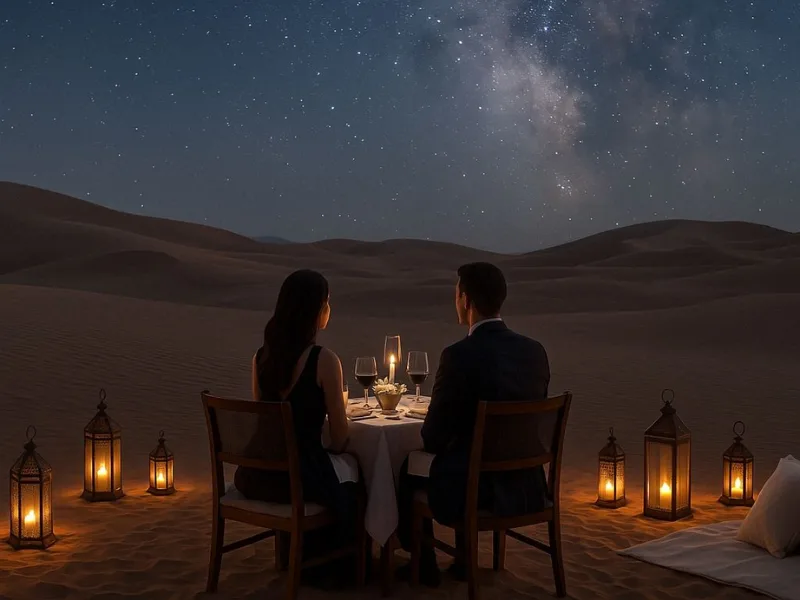 Romantic couple dining in the desert under the stars near Dubai, UAE, during their honeymoon in 2025.