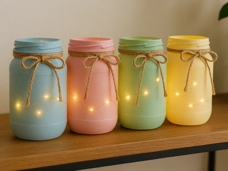 Glass jars turned into decorative lanterns with twine and paint