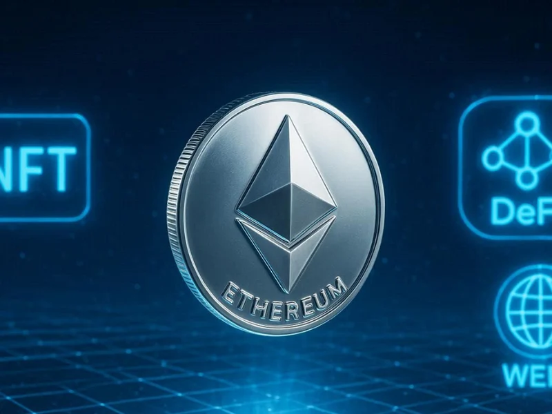 Ethereum silver coin with blockchain network background representing smart contracts