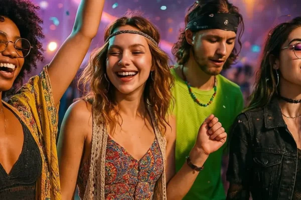 Stylish 2025 festival outfits with people dancing in colorful, trendy clothes under festival lights.