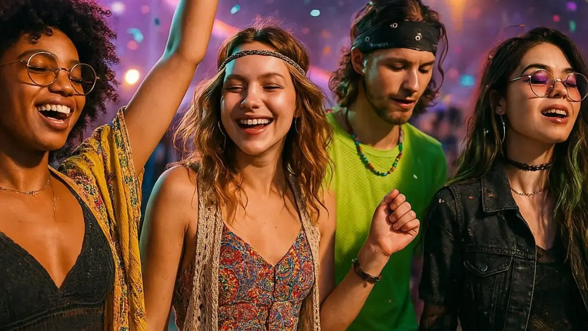 Stylish 2025 festival outfits with people dancing in colorful, trendy clothes under festival lights.