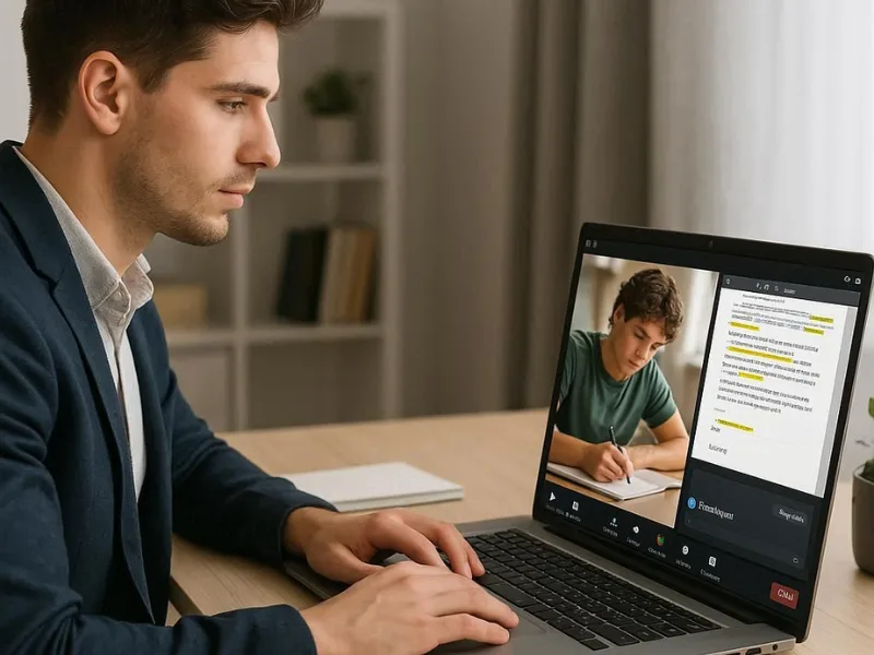 Freelancer working on a laptop while teaching a student online via video call