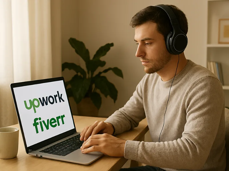 Freelancer working from home using laptop and digital tools