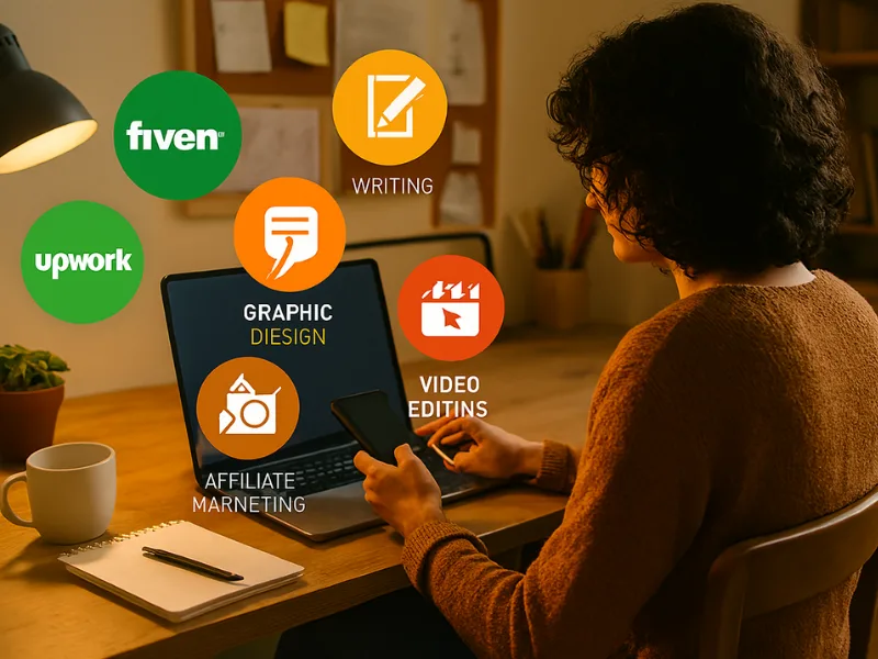 Freelancer working on laptop offering graphic design and writing services online
