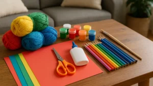 Colorful DIY craft materials and handmade projects displayed on a table for fun crafts to do at home