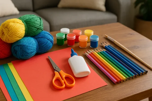 Colorful DIY craft materials and handmade projects displayed on a table for fun crafts to do at home
