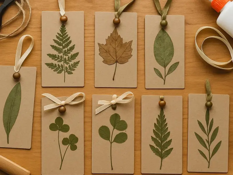 Handmade bookmarks with ribbons, beads, and pressed leaves arranged on a table.
