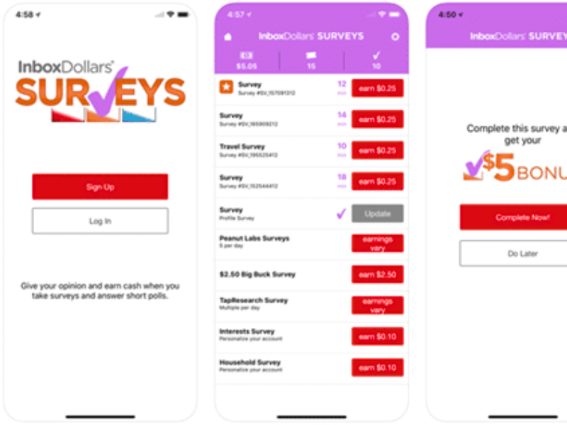 InboxDollars interface displaying real cash earnings from survey completions