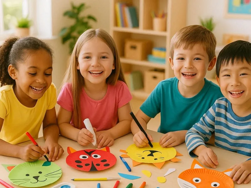 Children making colorful paper plate animals at a table