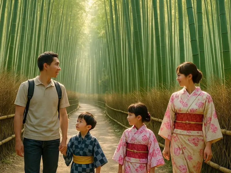Family walking through Arashiyama bamboo forest in Kyoto Japan