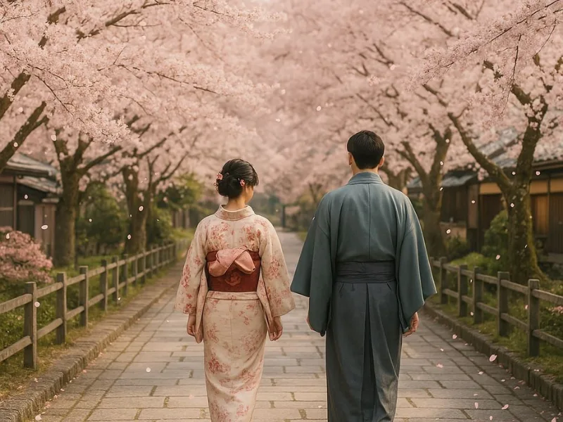 Couple walking under blooming cherry blossoms in Kyoto, Japan, during their honeymoon in 2025.