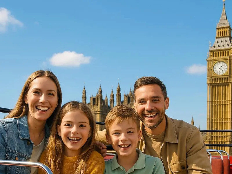 Family riding a red double-decker bus in London England