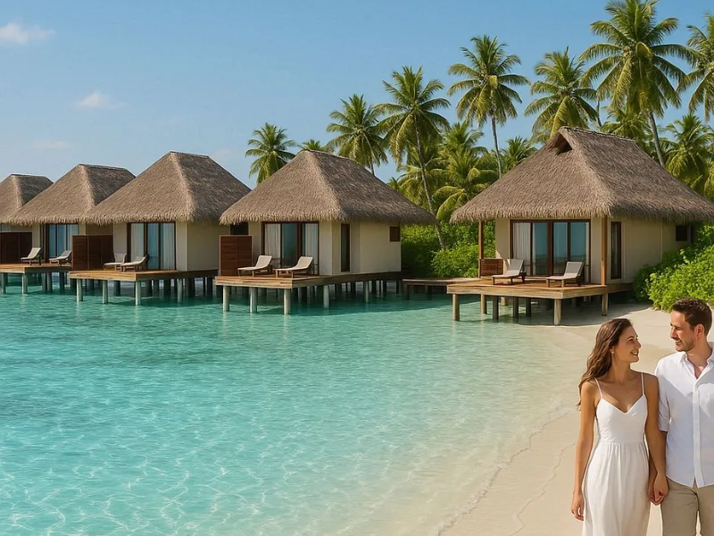 Overwater villas in the Maldives with turquoise waters and a couple enjoying a romantic beach sunset.