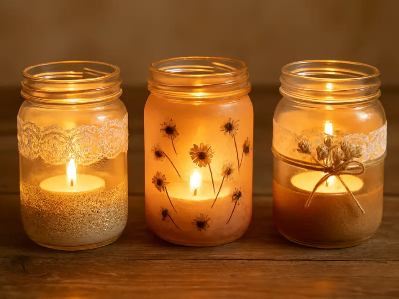 Mason jars decorated with lace, dried flowers, and candles inside, creating a cozy look