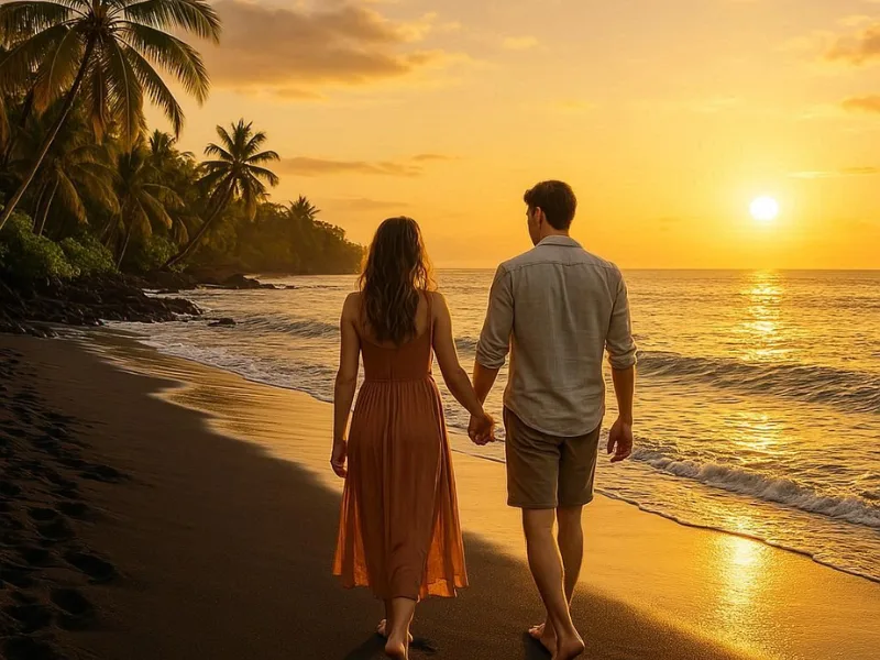 Romantic couple walking on a black sand beach in Maui, Hawaii, with a tropical sunset backdrop.
