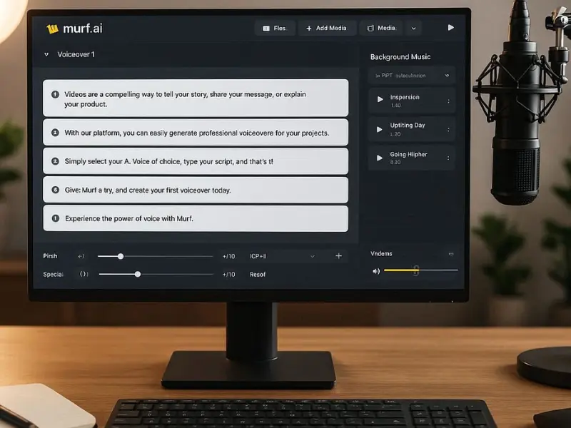 Murf.ai voiceover studio interface with editing tools and background music options