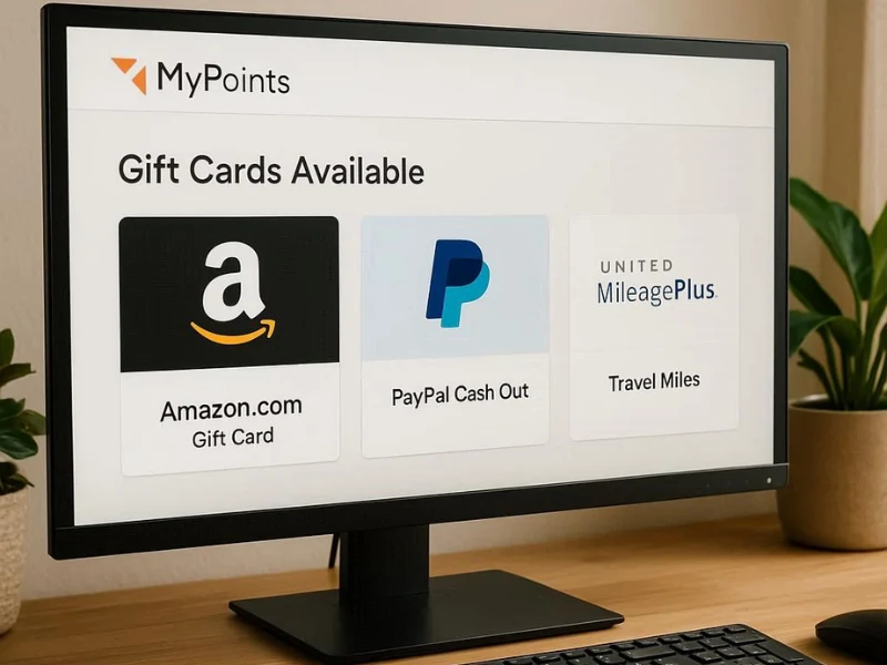 MyPoints rewards dashboard showing gift card and PayPal options