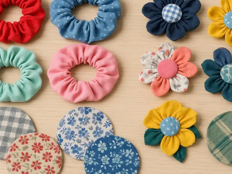 No-sew fabric crafts like scrunchies and coasters made from old fabric scraps.