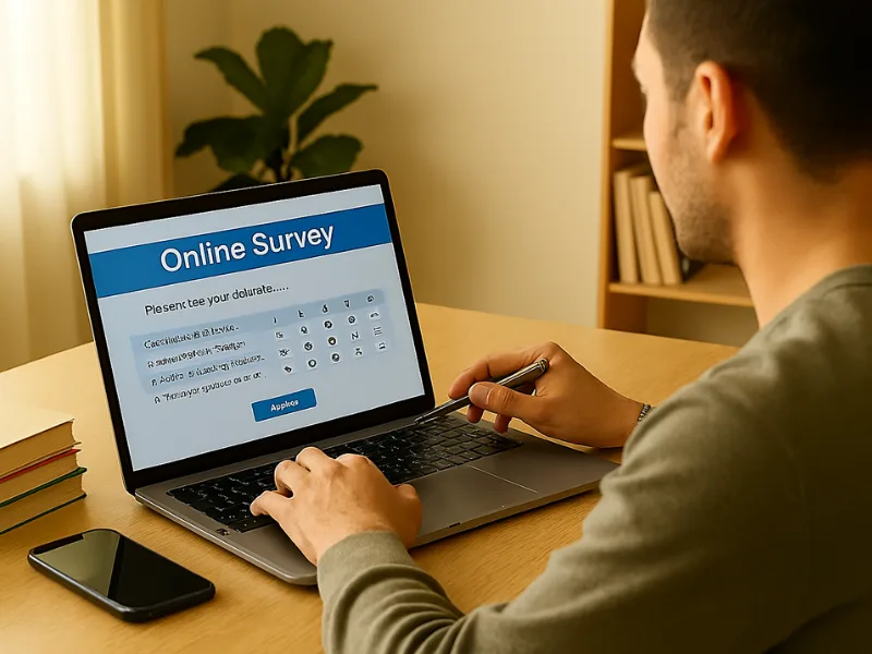 Person completing online surveys for extra income