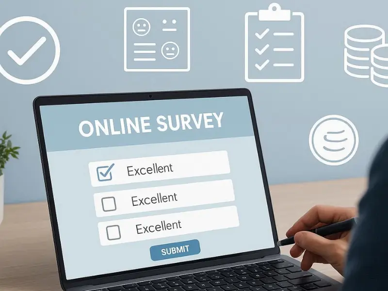 Person filling online survey form on laptop for earning money
