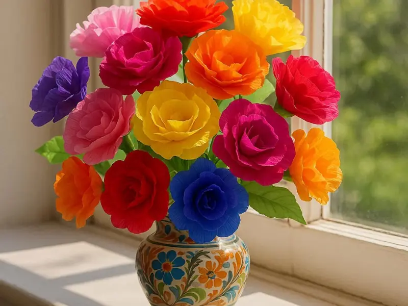 Colorful handmade paper flowers in a vase made from tissue paper and crepe paper.
