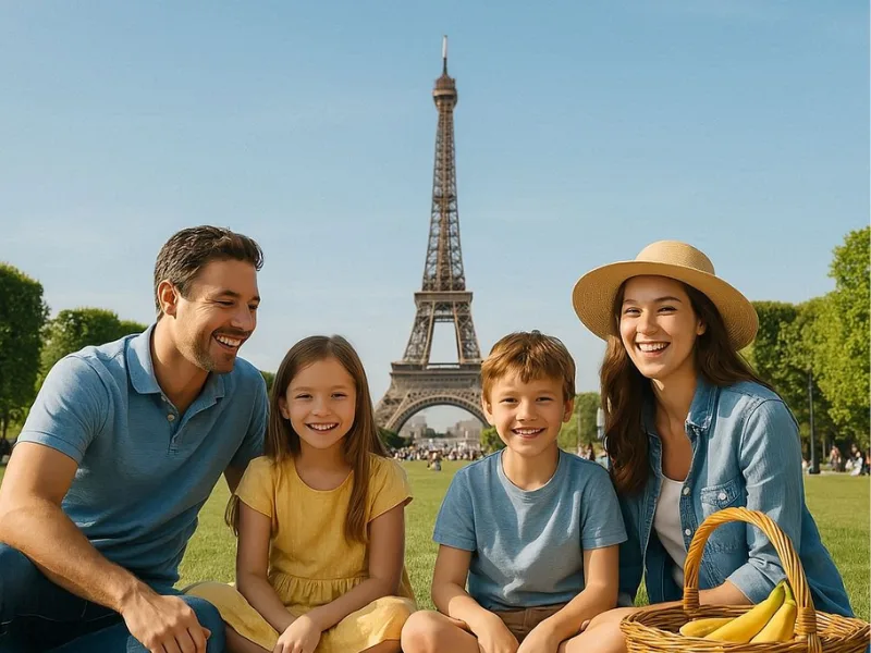 Family posing in front of Eiffel Tower in Paris France